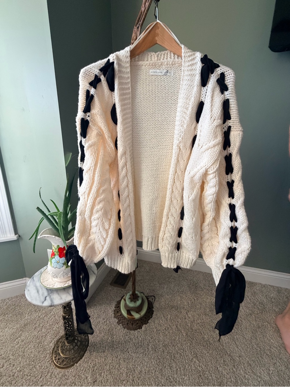 Altar’d State Cream Cable Knit Cardigan Size S Black Ribbon Bow Lace Up Sweater